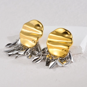 18K gold pleated oval stud earrings with cascading silver leaf fringe tassels