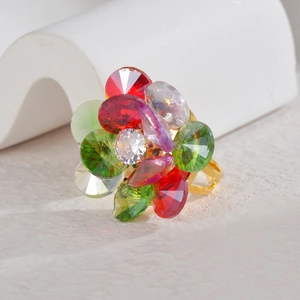 Vintage style multi-color crystal flower ring with adjustable gold plated band