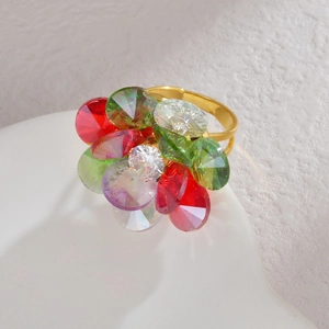Vintage gold adjustable ring with oversized colorful crystal flower cluster stones