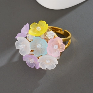 Colorful Flower Cluster Open Ring Stainless Steel Resin Beads Adjustable Sweet Fairy Style Jewelry For Women
