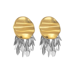 Modern irregular leaf tassel earrings with golden pleated texture and silver fringe