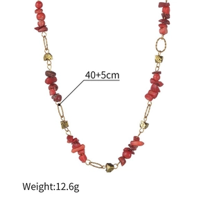 Bohemian 304 stainless steel necklace with red crushed stones and gold cube beads