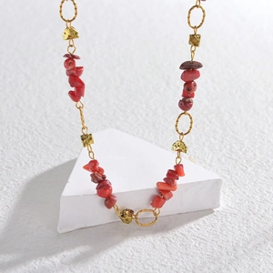 Bohemian 304 stainless steel necklace with irregular red stones and golden beads
