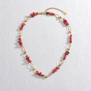 Bohemian 304 stainless steel necklace with irregular red stones and gold plated beads