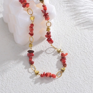 Bohemian Irregular Red Crushed Stone Necklace Vintage Stainless Steel Plated Adjustable Ethnic Jewelry For Women