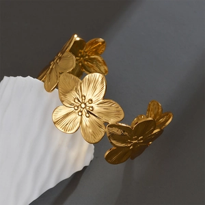 Stainless Steel Flower Open Cuff Bracelet Exaggerated Hollow Floral Bangle Elegant Vintage Jewelry For Women