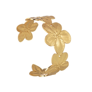 French retro style gold open bangle featuring textured 3D flower petals in stainless steel