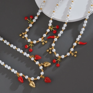 Collier Künstliche Perles Avec Pendentifs Fruits Acier Inoxydable Fraise Cerise Piment Bijoux Sucrés Pour Femmes