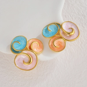 Artistic geometric round enamel stud earrings in blue pink and orange with gold accents