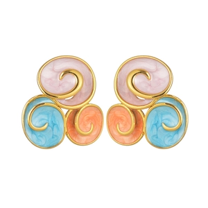 Artistic geometric spiral stud earrings with pink, blue, and coral enamel in gold finish