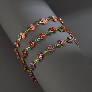 Cherry Charm Bracelet Stainless Steel Gold Plated Sweet Fruit Enamel Glitter Jewelry For Women Girls Adjustable