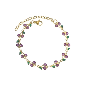 Adjustable gold chain bracelet with purple glitter cherry charms and green enamel leaves