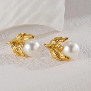 French vintage gold leaf stud earrings with white pearls and sparkling leaf textures