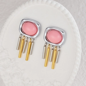 Retro geometric square tassel earrings with pink oval resin inlay in gold and silver