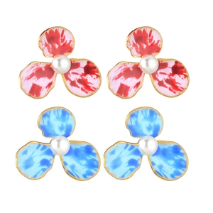 Boucles d'oreilles fleurs en acier 304 avec texture émail et perle centrale élégante
