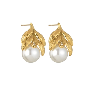 French vintage gold leaf earrings with white pearls and sparkling cubic zirconia stones