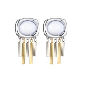 Vintage geometric square stud earrings with metallic fringe tassels in gold and silver finish