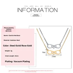Detailed view of infinity pendant with dimensions 23mm by 8mm on a 50cm necklace chain