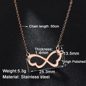 Macro detail of rose gold infinity butterfly necklace showing dimensions and polished finish
