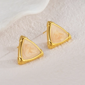 Minimalist triangle geometric earrings with gold plating and cream enamel inlay