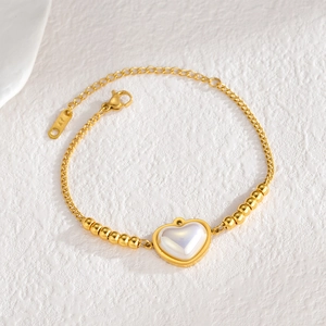 Bracciale vintage francese con cuore di perla e catena in acciaio inossidabile dorato