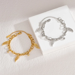French vintage double-layered maple leaf bracelet with zircon on white minimalist block