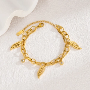 French vintage gold 18KGP double-layer leaf bracelet with zircon and hollow charms