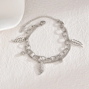 Double-layer stainless steel leaf bracelet with sparkling cubic zirconia charms