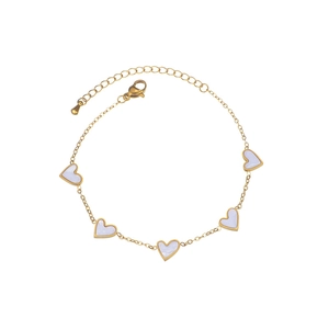 Bracelet chaîne plaqué or 18 carats avec cinq breloques cœurs blancs et fermoir