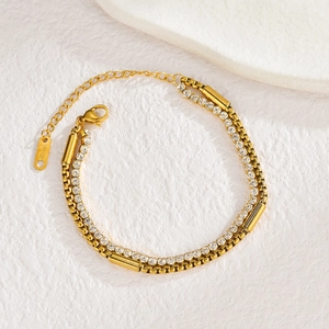 French vintage double-layered 18K gold plated bracelet with sparkling crystals
