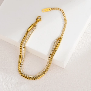 French vintage double layer 18K gold plated bracelet with crystals and box chain