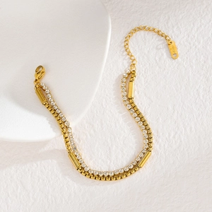 Vintage double layer 18K gold plated bracelet with white zircon tennis chain