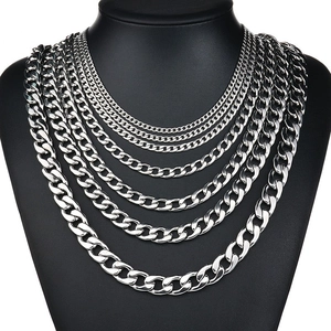 Polished 304 stainless steel Cuban link chains in six widths shown on a black neck bust