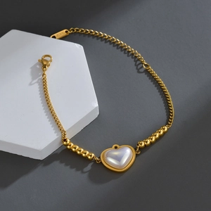 Bracciale Con Ciondolo A Cuore Vintage Francese Acciaio Inossidabile Placcato Oro 18K Künstliche Perle Madreperla Regolabile Donna