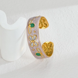 Vintage enamel flower cuff bracelet with marble texture and gold accents for women