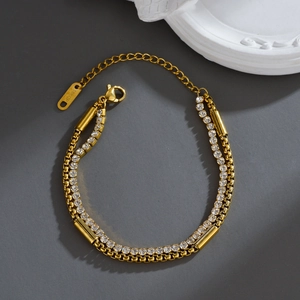 Double Layer Bracelet Stainless Steel 18K Gold Plated Box And Tennis Chain With Rhinestone Vintage Geometric For Women