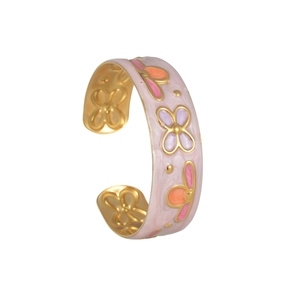 Retro vintage open cuff bracelet with colorful floral enamel and gold-plated details