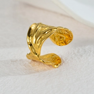 Irregular textured gold open ring with an artistic crumpled leaf design for women