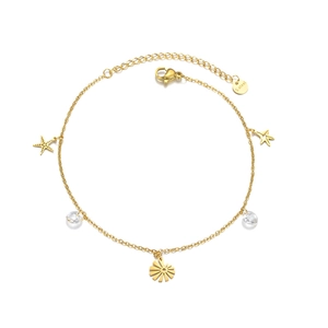 18K gold plated stainless steel anklet with starfish pendants and crystal beads