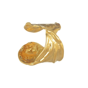 Elegant golden irregular textured titanium steel open ring with artistic lava style finish