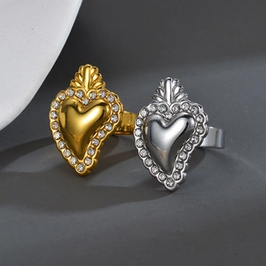 Heart Ring Stainless Steel Rhinestone Adjustable Open Band Vintage Engraved Flower Bird Jewelry For Women Fashion Gift