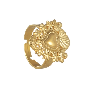 Vintage golden heart open ring featuring baroque floral and bird patterns in relief