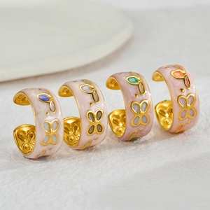 18K gold-plated stainless steel flower ring with colorful enamel butterfly designs