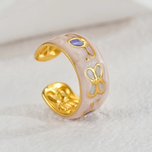 Retro 18K gold plated stainless steel open ring with pink enamel and butterfly motif