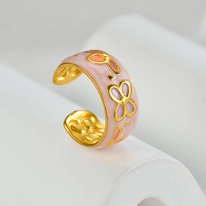 Luxury gold stainless steel open ring featuring pink enamel flower pattern detailing