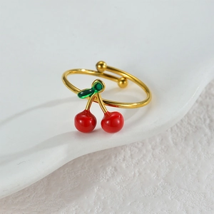 Sweet gold-plated cherry open ring with red and green enamel details for women