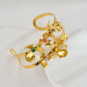 18K gold plated flower bangle with multicolor crystal stones in an open-cuff design