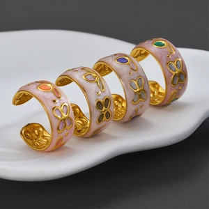 Vintage Floral Butterfly Open Ring Stainless Steel Enamel Adjustable Gold Plated Retro Jewelry For Women