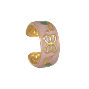 French vintage adjustable ring with pink floral enamel inlay and gold plated finish