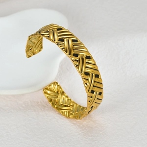 French vintage gold braided texture open bangle in stainless steel with retro finish